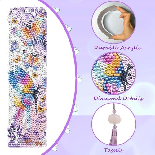 8PCS Diamond Painting Art Bookmarks,Cute Acrylic Bookmarks Crafts Kits Gifts with Pendants for Adult Women Book Lovers (Butterfly) - Image 3