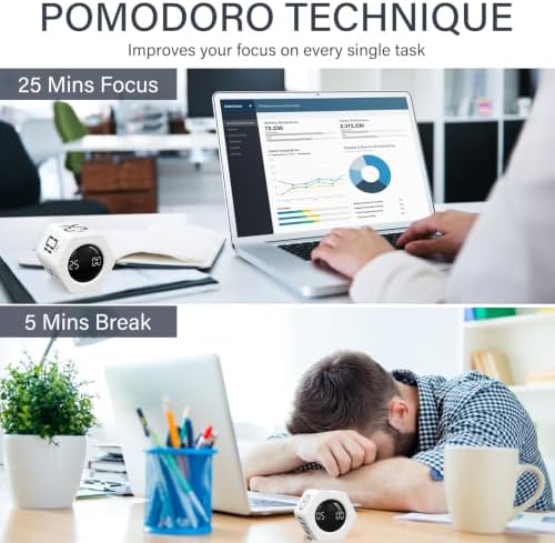Rotating Productivity Timer 5, 25, 10 30,60 Mins Preset Stopwatch, Desk Flip ProductivityTimer, ADHD Tool Hexagon, Vibration/Mute/Alarm, for Work, Study, Back to School, Kitchen, 2 Pack White - Image 3