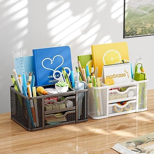 Marbrasse Mesh Desk Organizer, Pen Organizer with 2 Drawer, Multi-Functional Pencil Holder, Desk Organizers and Accessories with 5 Compartments + Drawer for Office Art Supplies (Black) - Image 3