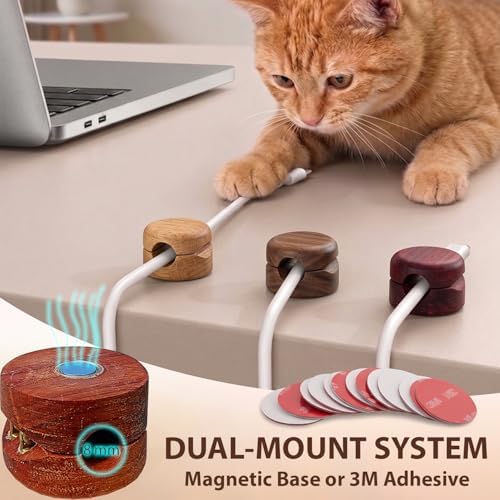 8 Pack Magnetic Cable Clips, Wooden Desk Cable Organizer and Cord Holder, Dual Mount N35 Magnet or 3M Adhesive, Cable Management for Phone Charger, USB-C and Laptop Cords - Image 2
