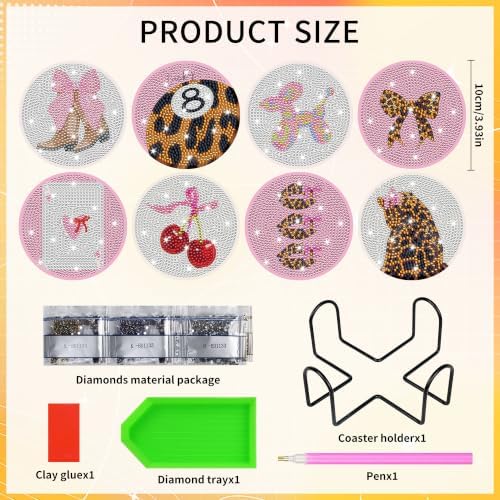 Coquette Diamond Art Coasters Kit, 8 Pcs Pink Diamond Painting Coasters - Image 2