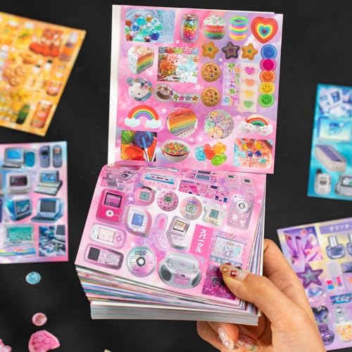 Japanese Retro Sticker Book, 800 Cartoon Stickers Book with Art Coated Paper Creative Activity Stickers for Adults, DIY Scrapbooking Phone Cases Laptops Party Gifts (Neon) - Image 2