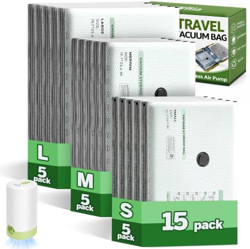 15 Packs Vacuum Bags for Travel with Rechargeable Pump, 3 Sizes Heavy Duty Vacuum Seal Bags for Clothing, Compression Vacuum Travel Bags for Luggage, Vacuum Packing Bags for Closet Organization by Wfiia