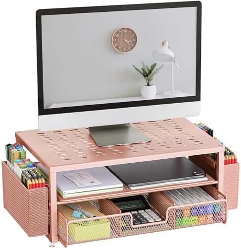 gianotter Desk Organizers and Accessories, Monitor Stand with Drawer and 2 Pen Holder, Desktop Organizer Suitable for Offices and Dormitories (Rose Gold) by gianotter