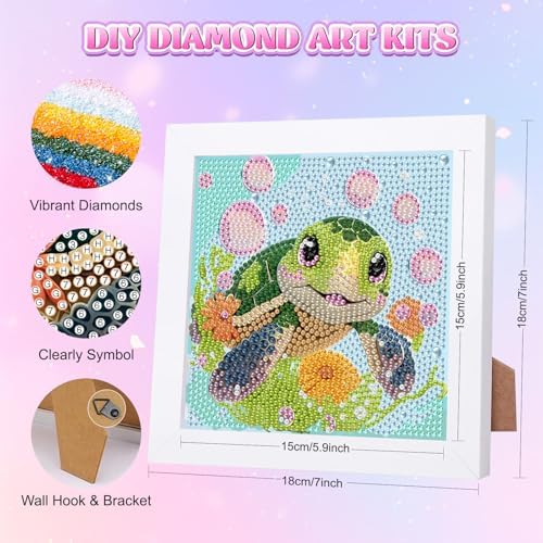 GHHKUD Turtle Diamond Art Painting Kits for Adults with Frame, Diamond Art Animals Crafts for Ages 4-6-8-12, Easy to DIY Gem Painting Gifts Home Wall Decor 15x15cm (Beautiful Packages) - Image 2
