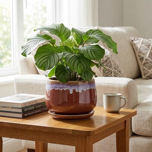 9 Inch Ceramic Planter, Indoor Planters with Drainage, Red-Purple - Image 5