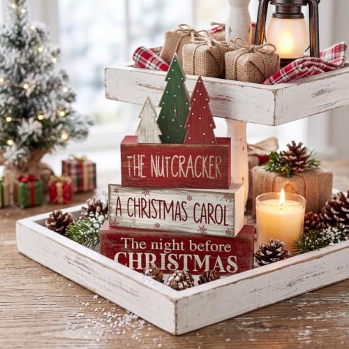 Moucuny 4 Pcs Christmas Table Decorations Rustic Christmas Tree Stacked Wooden Signs Decor Red Green and White Winter Tiered Tray Decor Xmas Table Centerpiece Farmhouse for Home Kitchen Shelf - Image 3