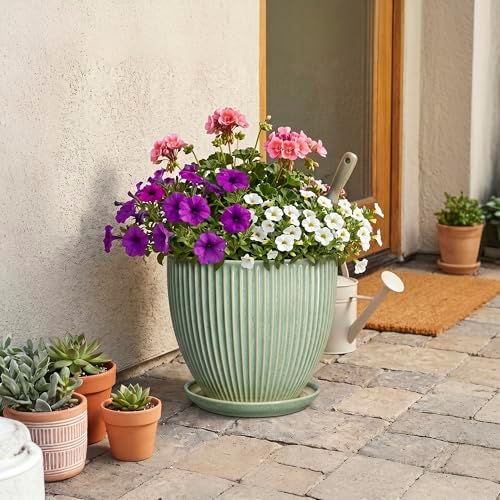Ceramic Flower Pots, 10 Inch Plant Pot for Indoor Plants, Modern Round Planters with Drainage Hole and Saucer, Decorative Pots for Plants Indoor, Garden Home Decor, Plant Lover Gifts, Green - Image 7