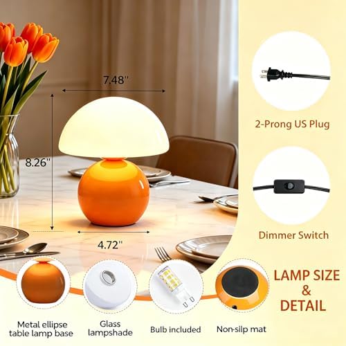 3-Way Dimmable Orange Mushroom Lamp - Plug Powered Small Desk Table Lamp with Dimmable Ambient, Night Light for Bedroom, Office,Nursery,Home Living Room Decor, Gift for Kids Teens & Adults（Orange） - Image 6