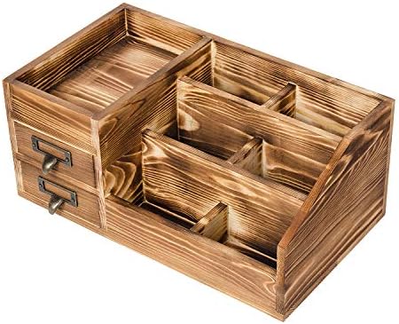 Liry Products Rustic Wooden Desktop Organizer Office Supplies Brown Tabletop Storage Cabinet Stepped Rack Multiple Compartments 2 Tier Drawers Makeup Accessory Jewelry Sorter Display Box Home Office - Image 2