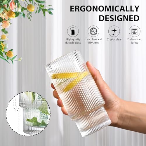 16OZ Ribbed Glass Cups with Lids and Straws,Iced Coffee Cups with Bamboo Lid,Vintage Glassware for Whiskey Cocktail Beer Fruit Juice Glasses Tumbler(2 Pack) - Image 6