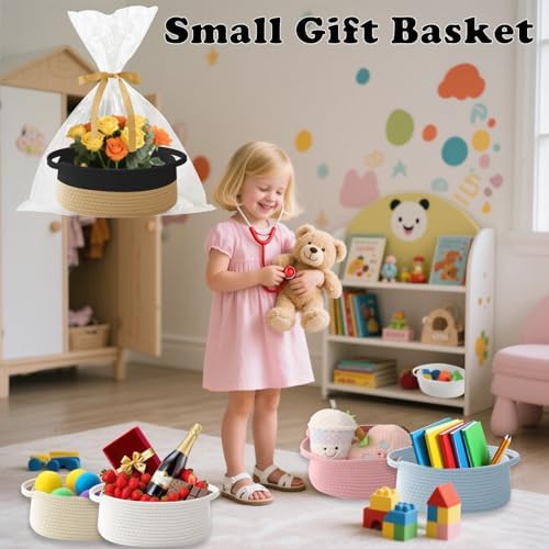Woven Rope Basket,Baby Gift Basket with Bag & Ribbon, Black&Jute - Image 4