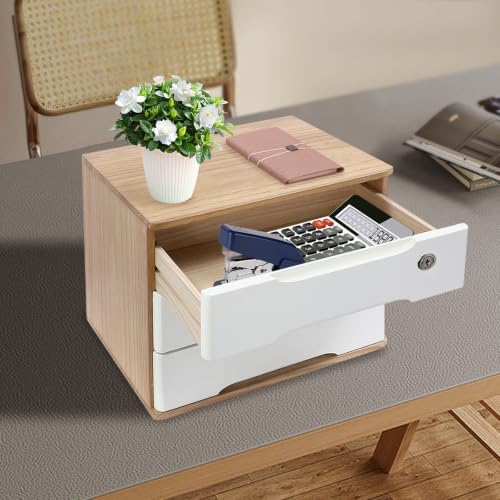 Wooden Desktop Storage Box with Lockable Drawers, Flat File Cabinet Drawer Desktop Storage Box, Countertop Storage Cabinet for Office Home Toiletries Supplies Vanity (natural wood+white, 3 Drawer) - Image 2