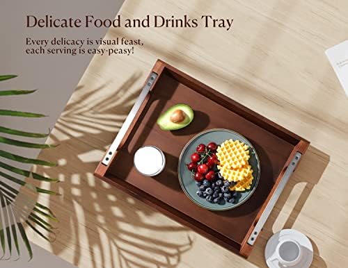 Acacia Wood Serving Tray with Metal Handle, 17x13in Tray for Ottoman - Image 2