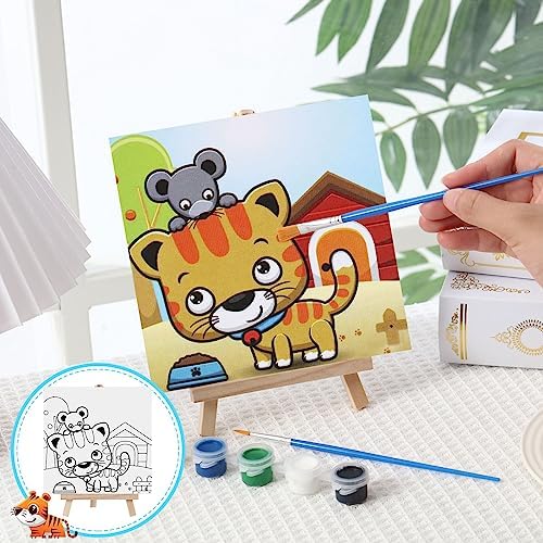 Tenceur 12 Sets Pre Drawn Canvas to Paint Adult Stretched Coloring Painting Canvas Panels with Design Easel and Brushes for Party Supplies Beginner Favor(Cute Style) - Image 5