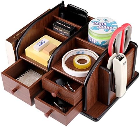 Flexzion Wooden Desk Organizer w/Drawers - Classic Wood Office Supplies Accessories Desktop Tabletop Sorter Shelf Rack Cherry Brown Pencil Holder Caddy Set with 3 Drawers, 3 Compartments & 2 Shelves - Image 2