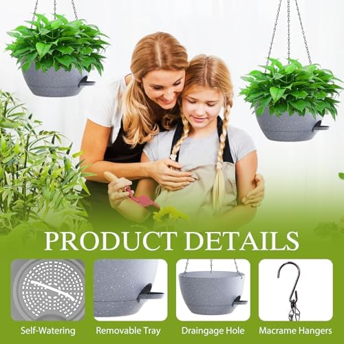 12 Inch Hanging Baskets 2 PC with Chains, Self-Watering Hanging Planters for Indoor Outdoor Plants, Plastic Hanging Flower Pots,Speckled Grey - Image 3