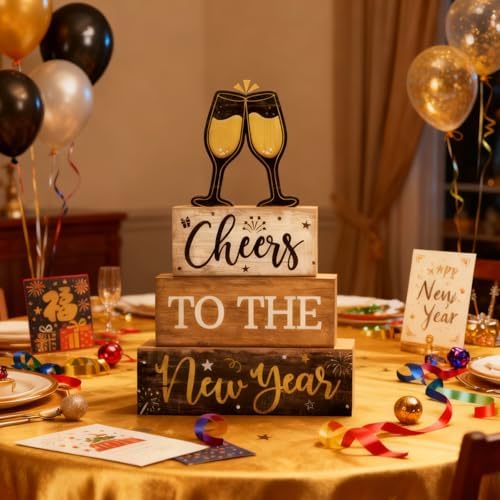 Moucuny 4 Pcs New Year Wooden Block Signs Farmhouse Table Centerpiece - Image 5
