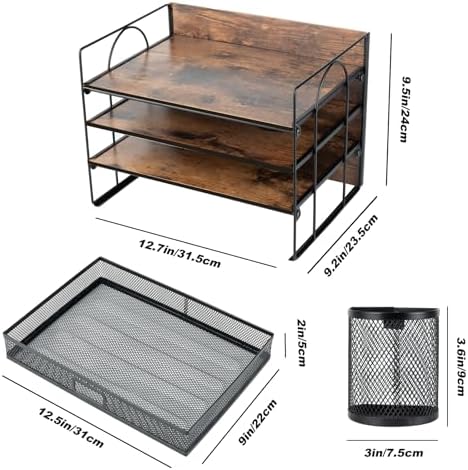 4 Tier Desk Organizers and Accessories, Paper Letter Tray Organizer,Vintage Wood Desk File Organizer with Drawer and 2 Pen Holders for School Home Office Supplies - Image 6