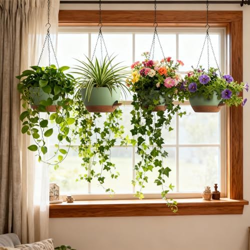 UOUZ 4 Pack 8 Inch Self Watering Hanging Planters for Indoor Outdoor Plants，Hanging Pots for Plants with Drainage Removable Tray, Hanging Baskets Flower Pots for Pothos Spider Garden Green with Brown - Image 2