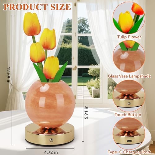 Tulip Table Lamp, Rechargeable Cordless Touch Dimming Artificial Tulip Flower Desk Lamp, LED Flower Bedside Night Light Romantic Gifts for Girl Women Mom (Orange) - Image 2