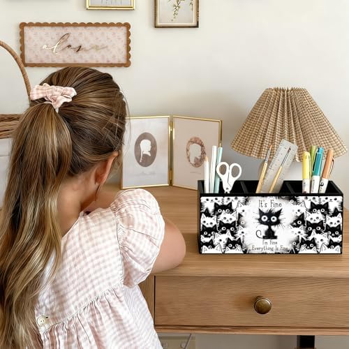 Funny Black Cat Pen Pencil Holder for Desk, Funny Office Gifts for Coworkers, Black Cat Gifts for Women, It's Fine Everything Is Fine Wooden Box Sign Decorations for Home Office Desk Tabletop - Image 4