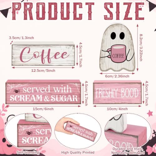 Moucuny 4 Pcs Pink Halloween Table Decorations Coffee Ghost Wooden Blocks - Image 3