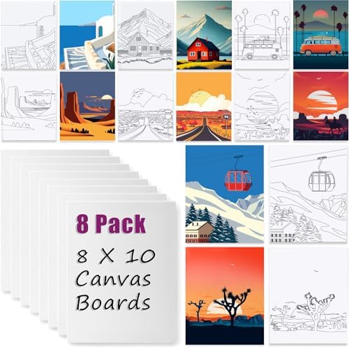 8 Pack (8x10) Pre Drawn Canvas Boards for Painting for Adults, Sip and Paint Party Supplies Canvas Painting Set, Beginner Favor, (Landscape) by HAGUDAMU