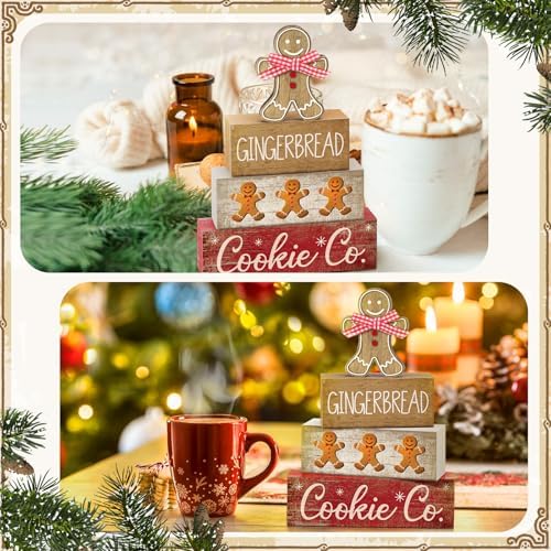 Moucuny 4 Pcs Gingerbread Christmas Table Decor, Gingerbread Man Wood Sign - Image 4