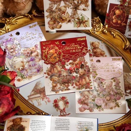 Alideco 120pcs Scrapbook Stickers Vintage Adorable Floral Bear Scrapbooking Junk Journal Crafts Embelishment Decoration Stickers (xiaoxionghuaxialangman) by Alideco