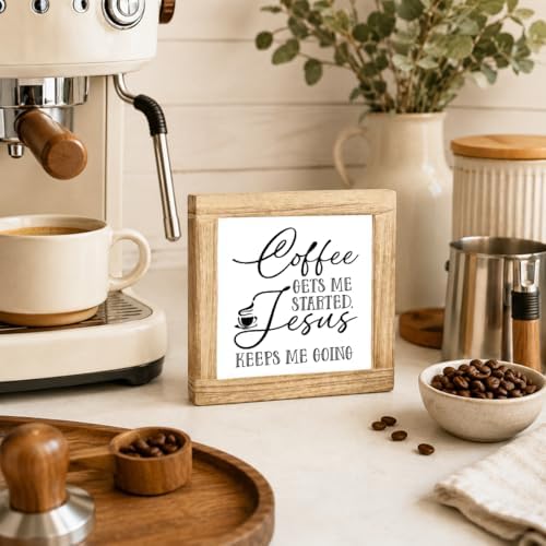 Christian Coffee Wood Sign, Coffee Gets Me Started Jesus Keeps Me Going Plaque, Faith Kitchen Counter Decor, Rustic Farmhouse Shelf Accent For Coffees Station, 5.9 x 5.9 in - Image 4
