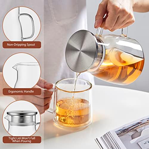 CNGLASS One-Touch Glass Teapot, 27oz(800ml) Glass Tea Kettle with Stainless Steel Filter Lid, Stovetop Safe Loose Leaf Tea Maker - Image 3