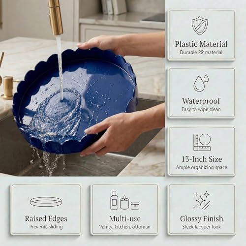 Gesodant 13" Round Scalloped Decorative Tray for Coffee Table Decor, Candle & Perfume Tray, Dining Table Centerpiece & Aromatherapy Candle Display, Modern Glossy Lacquer Look (Navy Blue) - Image 7