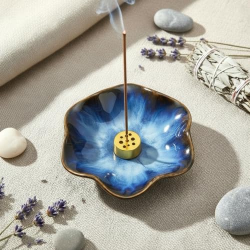 Small Flower Incense Holder with 9-Hole Metal Base, Blue - Image 5