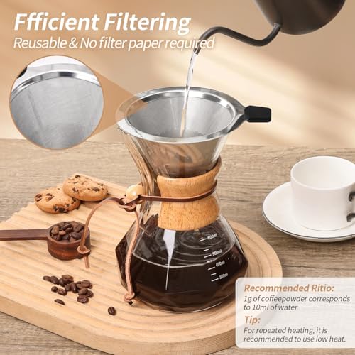 Pour Over Coffee Maker 20 OZ, 6 Cup Borosilicate Glass Drip Coffee Maker with Reusable Stainless Steel Filter and Cork Grip for Home Café 600 ML (Diamond Shape) - Image 5