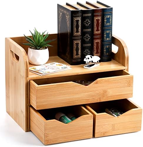 Hacaroa 3 Tier Bamboo Desktop Organizer with 3 Drawers, Tabletop Craft Box Cosmetic Storage Drawer with Handle, Portable Desk Letter Mail Sorter for Office Supply, Toiletries by Hacaroa