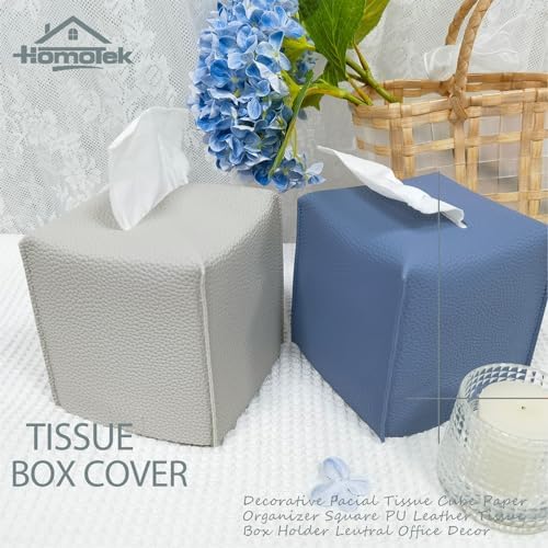 HOMOTEK 2 Pack Tissue Box Cover, Square PU Leather Tissue Holder, Decorative Facial Tissue Cube Paper Organizer Dispenser for Bathroom, Night Stands, Desk, Car 5X5X5'' - Light Gray, Pebble Grain - Image 5