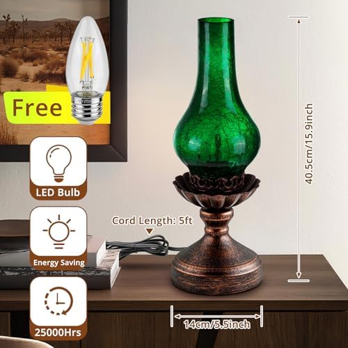 Vintage Table Lamp with Green Crackle Glass Shade,Touch Control & 3-Way Dimmable Rustic Retro Farmhouse Bedside Lamp for Bedroom, Living Room, Cabin, Office (2700K LED Candle Bulb Included) - Image 6