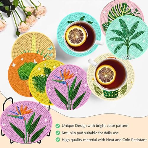 Clendo 8 Pcs Green Plants Diamond Painting Coasters Kits with Holder, 5D Diamond Art Painting Coasters Set for Adults, Small Mini Diamond Dots Kit for Beginners DIY Art Craft Home Decor - Image 3