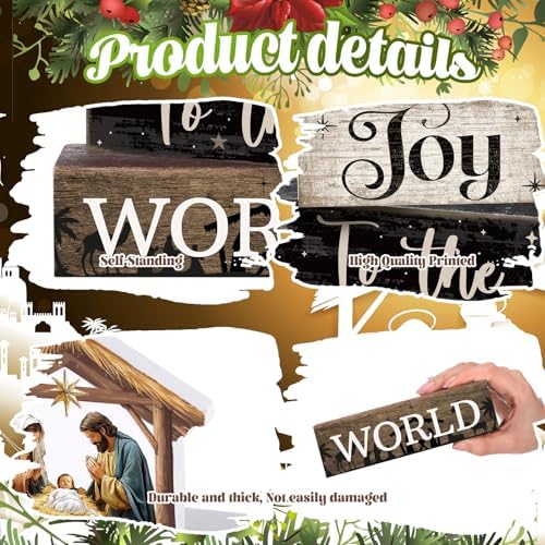 Moucuny 4 Pcs Christmas Table Decoratons, Christian Joy to The World Signs - Image 6