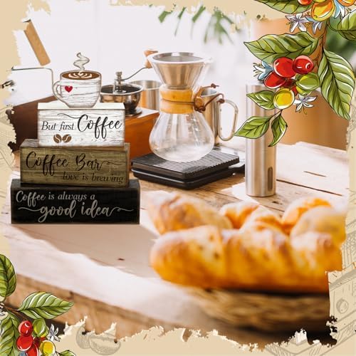 Moucuny 4 Pcs Coffee Bar Sign Wooden Blocks with Cup Topper Coffee Decor - Image 5