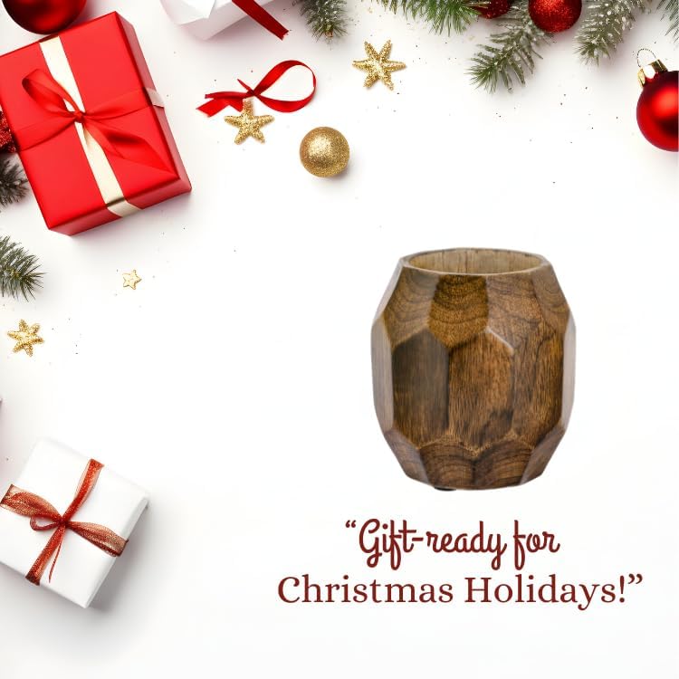 Mie Creations Geometric Wooden Pencil Holder for Desk Table | Wood Pen Cup Stand for Office, Cute Desktop Organizer for Makeup Brushes, Stationery Decor | Rustic Christmas Holiday Gifts- Brown 4'' - Image 5