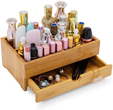 GOBAM Bamboo Makeup Organizer and Storage with Drawer, Wooden Cosmetic Organizer Countertop for Bathroom, Bedroom, Kitchen & Dresser, Desk Organizer with Drawers and Make up Vanity Station - Medium by GOBAM