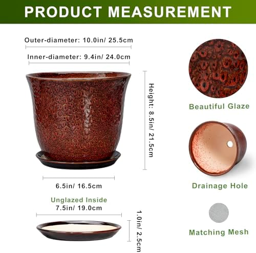 10 Inch Plant Pot - Ceramic Pots for Plants with Drainage Hole and Saucer, Round Flower Pot for Indoor Outdoor, Modern Ceramic Planter, Garden Room Home Decor, House Warming Gifts, Red - Image 2