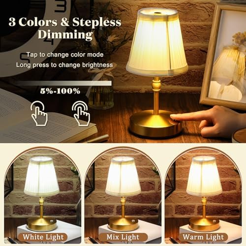 Liliful 2 Pcs Cordless Table Lamp LED Touch, Gold, Weaving Style - Image 4