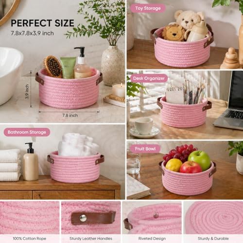 Small Woven Cotton Rope Basket with Leather Handle, Pink - Image 2