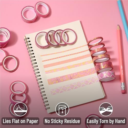 Mr. Pen- Washi Tape Set, 21 Rolls, Assorted Sizes, Floral Pink - Image 5