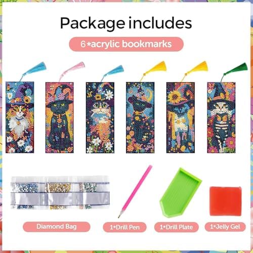 Puraikcmi 6 PCS 5D DIY Diamond Art Bookmarks Kit Cats Diamond Paintings Bookmarks Kits with Tassels Acrylic, Rhinestone Crafts Decoration Gift Set for Book Lovers Beginners & Adults - Image 5