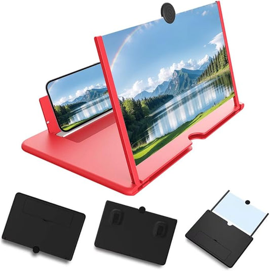 Mobile Phone Magnifier Screen, 3D HD Magnifying Projector Screen Enlarger, Foldable Phone Stand with Screen Amplifier for Movies Videos Gaming, Compatible with All Smartphones (Red, 12inch)