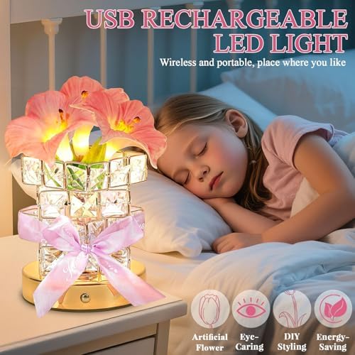 Flower Table Lamps, Rechargeable Cordless Crystal Night Light, 3 Colors Touch Dimming Artificial Flower Light, LED Flowers Bedside Lamp Romantic Gifts for Girl Women Mom (MF Morning Glory-Pink) - Image 5